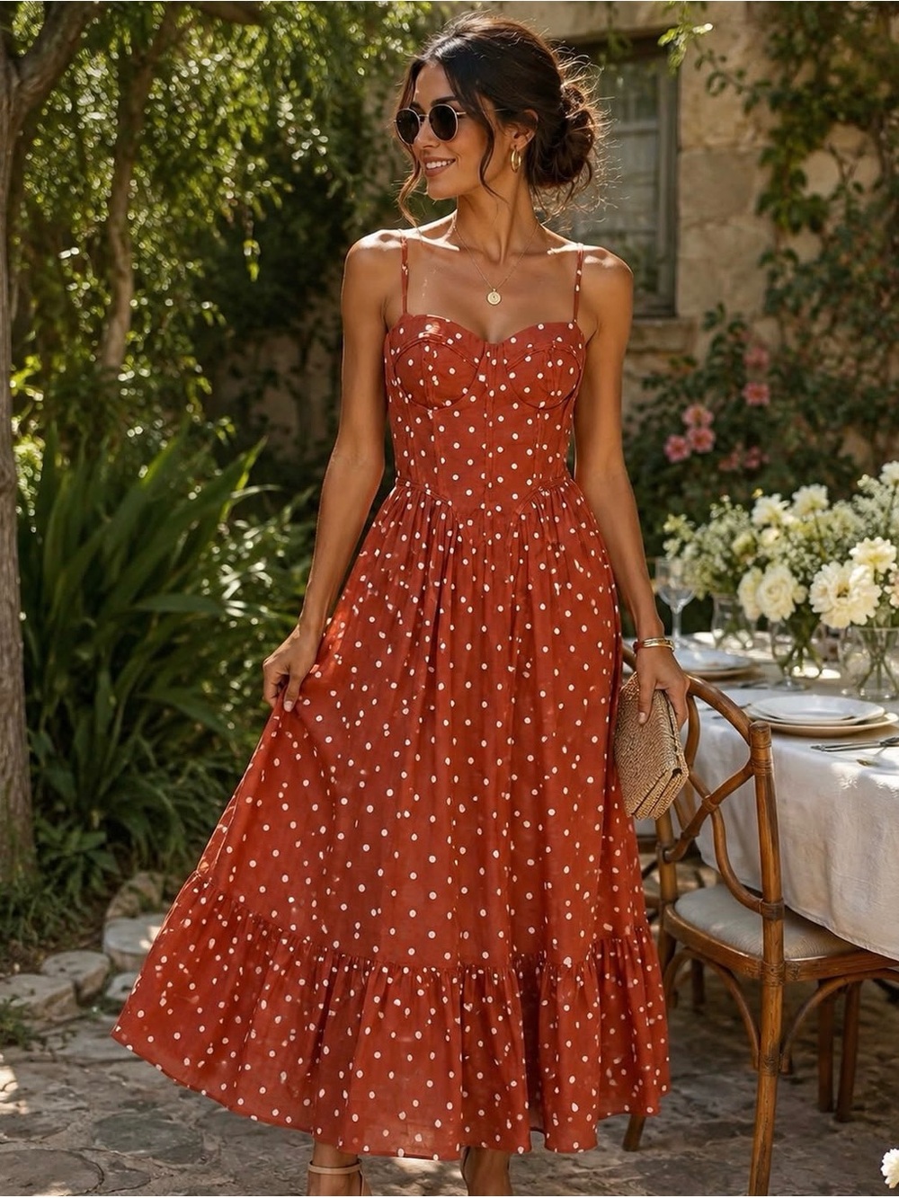 NWT Polka Dot Spaghetti Strap Midi Dress - Rust Brown Medium